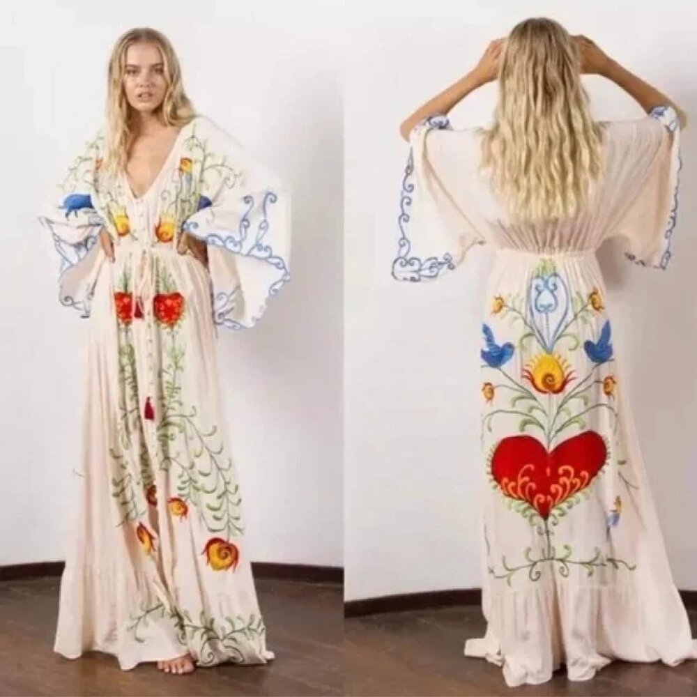 "Strange Magic" Bohemian Embroidered Hearts Maxi Gown In Cream